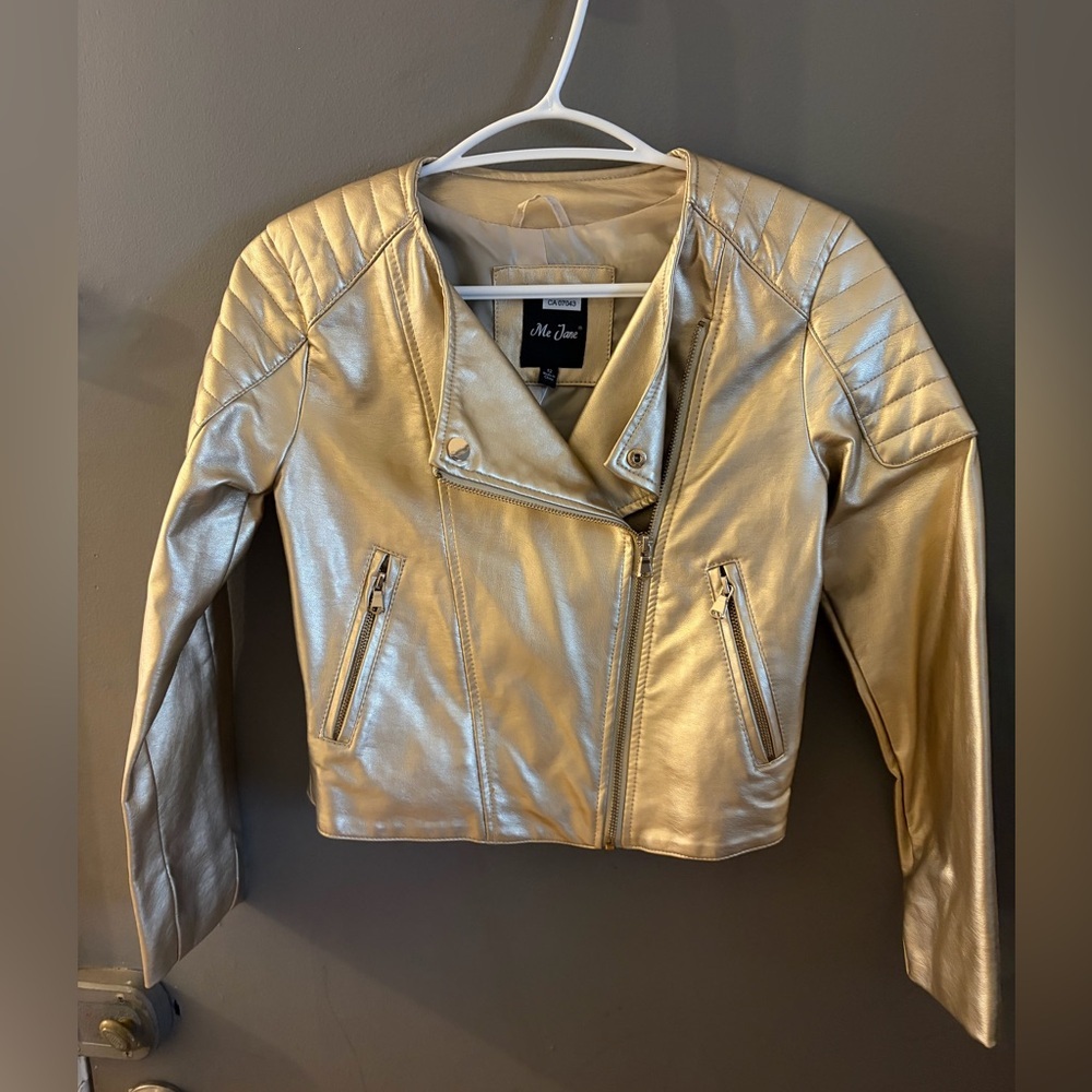 Me Jane Metallic Gold vegan Leather Jacket with 3/4 sleeves perfecto moto